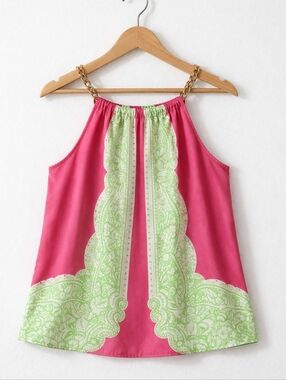 Lilly Pulitzer~Women Riviera Hotty Pink Day Breakers Tank Top~Silk~Lime Green~M